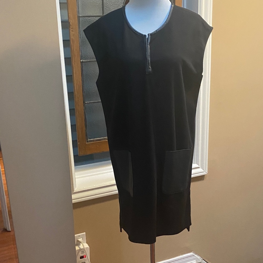 Black Sleeveless Dress with Pockets and Faux Leather Trim